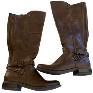 G By Guess Brown Tall Riding Boots Buckle Strap Knee High 
Equestrian Classic 9